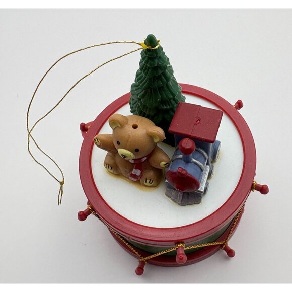 Vintage Toy Drum Christmas Tree Ornament Teddy Bear and Train Whimsical - Picture 4 of 8